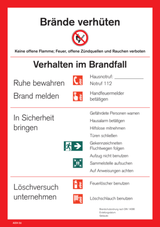 Piktogramme und schriftliche Empfehlungen zum Verhalten im Brandfall